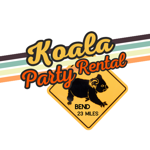 Koala Party Rental logo featuring a playful koala on a yellow sign, emphasizing event rental services in Bend, 23 miles away.